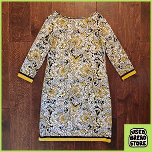 Boho 60s Paisley Stretch Tunic Dress 3/4 Sleeves S/M White Black Yellow Spandex